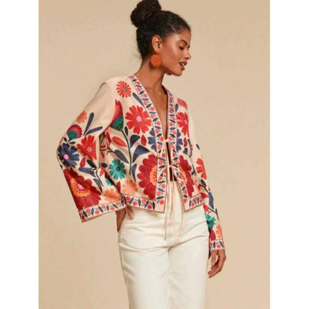 Boho Colorful Floral Embroidered Short Tie Neck Flared Sleeve Chiffon Cardigan